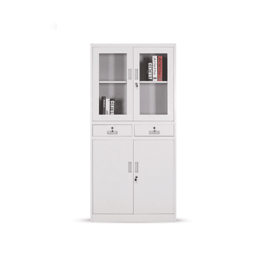 Металлический шкаф для хранения с раздвижной стеклянной дверью и 2 выдвижными ящиками